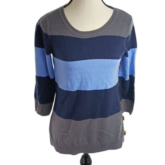 The Limited Womens S Colorblock Stripe Sweater Blue Gray 3/4 Sleeve Button Top - Picture 1 of 8